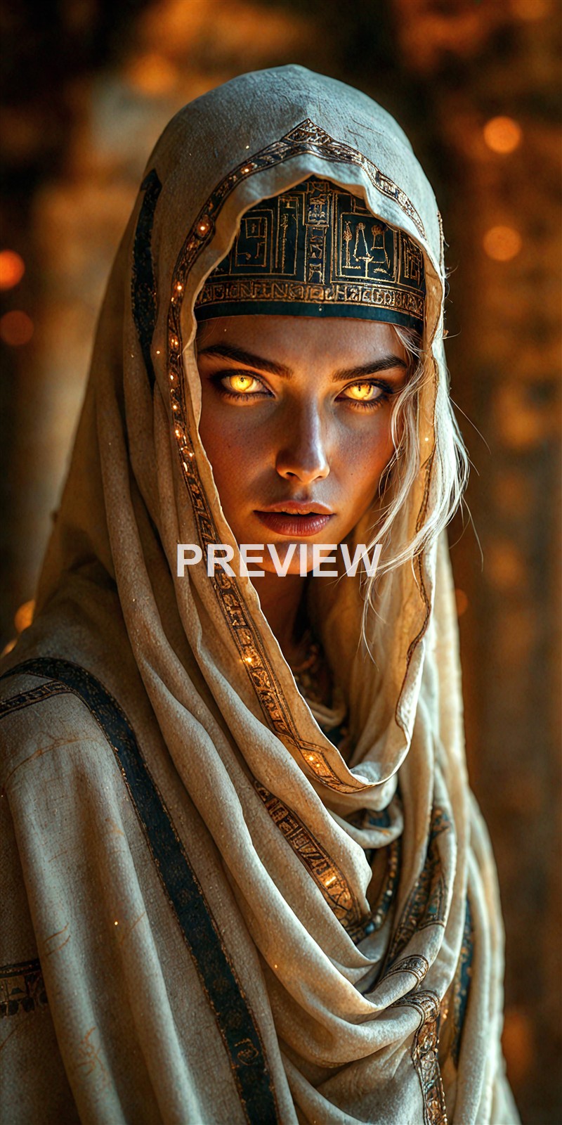 A woman with glowing yellow eyes wearing ancient Egyptian-inspired attire, including a headband with hieroglyphs and a flowing, intricately detailed beige and gold robe, standing in a warm, blurred background.